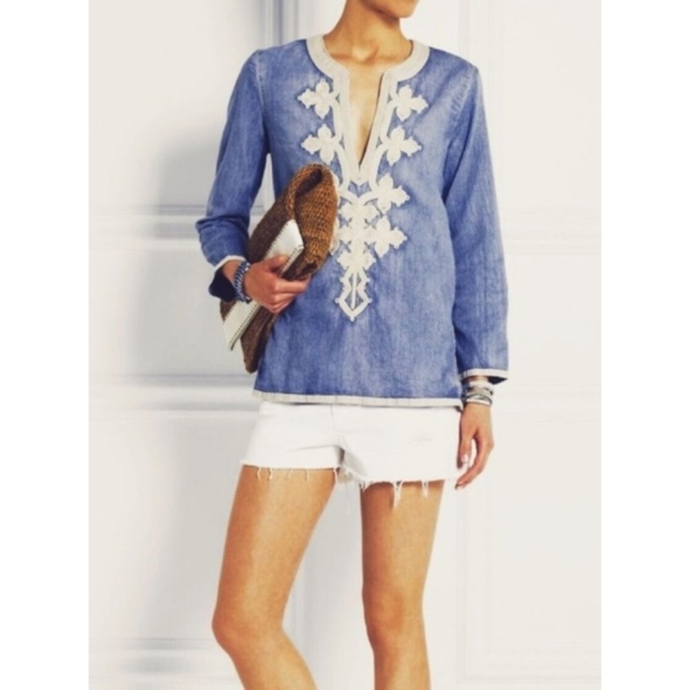 J. Crew|Blue Embroidered Cotton Blend Long Sleeve Tunic Top, 00